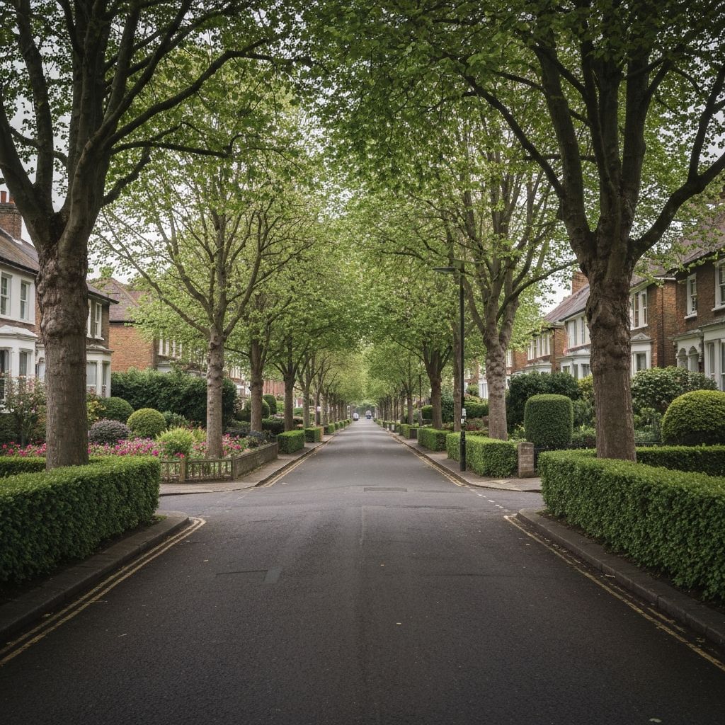 Neighbourhood street with trees and walking paths